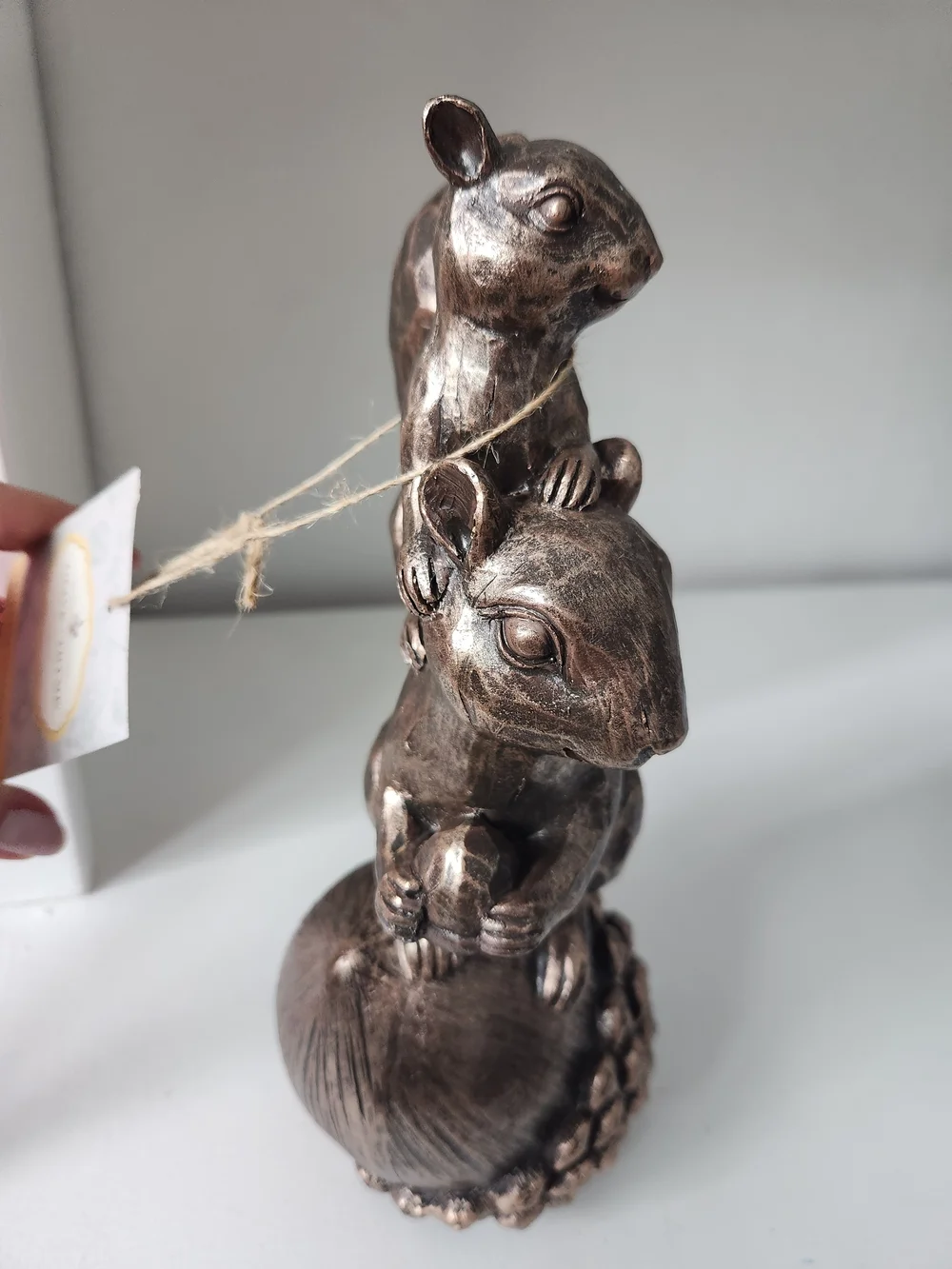 Bronze-Tone Twin Squirrel On Top Of Acorn Resin Figurine Decorative Accent 10 In